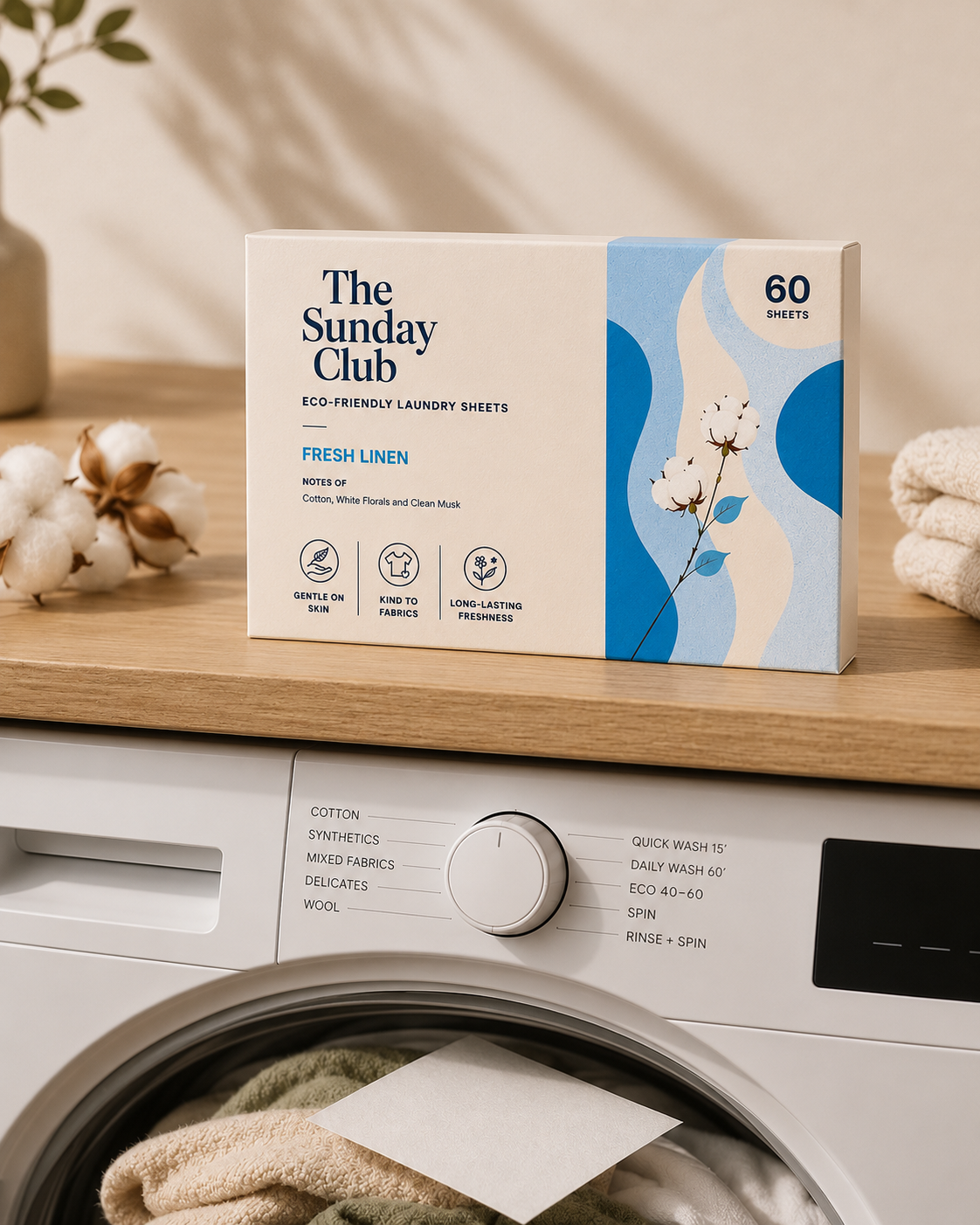 A Sunday Club laundry sheet dissolving in water