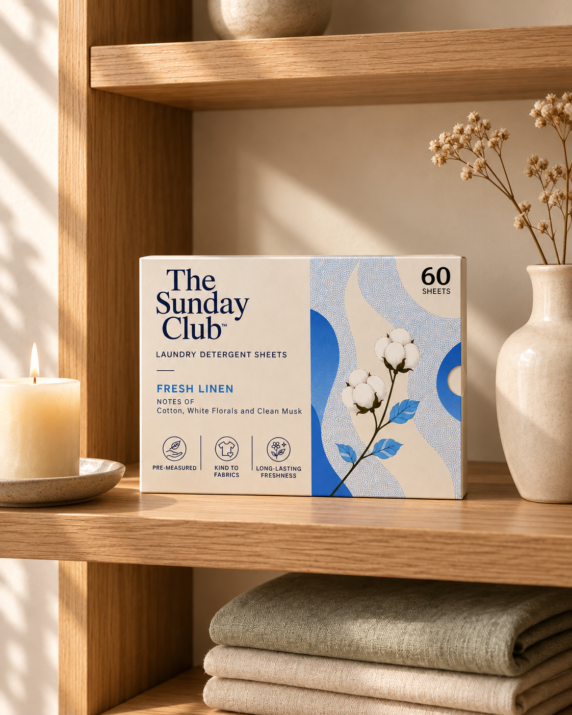 A box of The Sunday Club Fresh Linen laundry detergent sheets on an oak shelf, beside a lit candle, a ceramic vase of dried flowers and a stack of folded linen towels