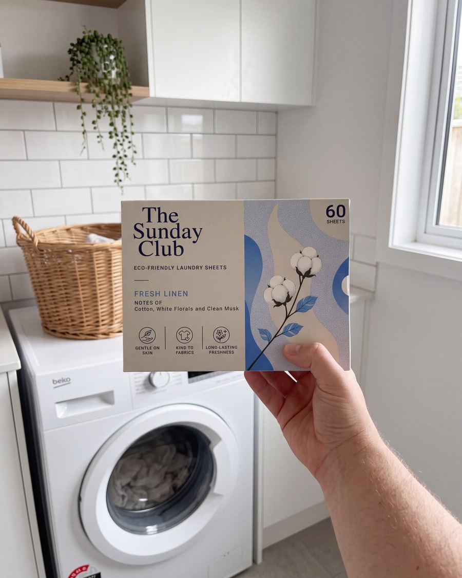 A member holding a box of The Sunday Club Fresh Linen laundry sheets