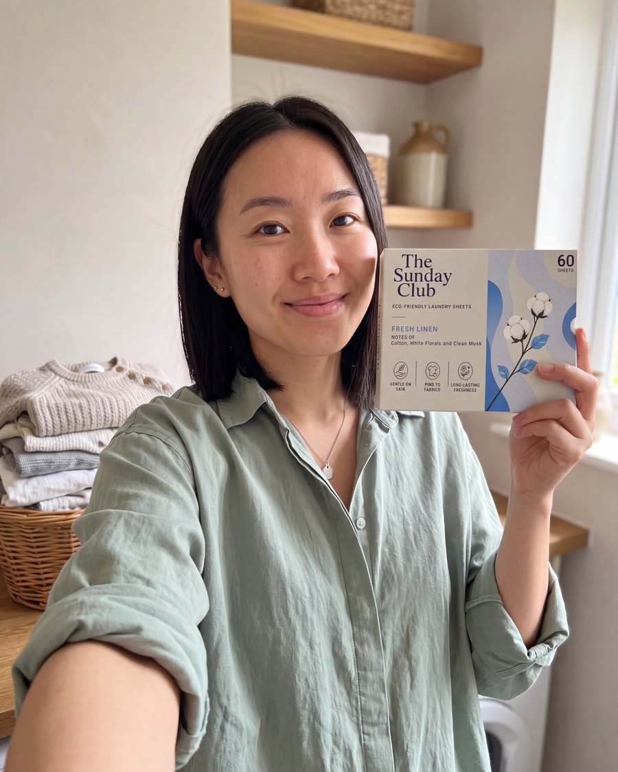 A member holding a box of The Sunday Club Fresh Linen laundry sheets