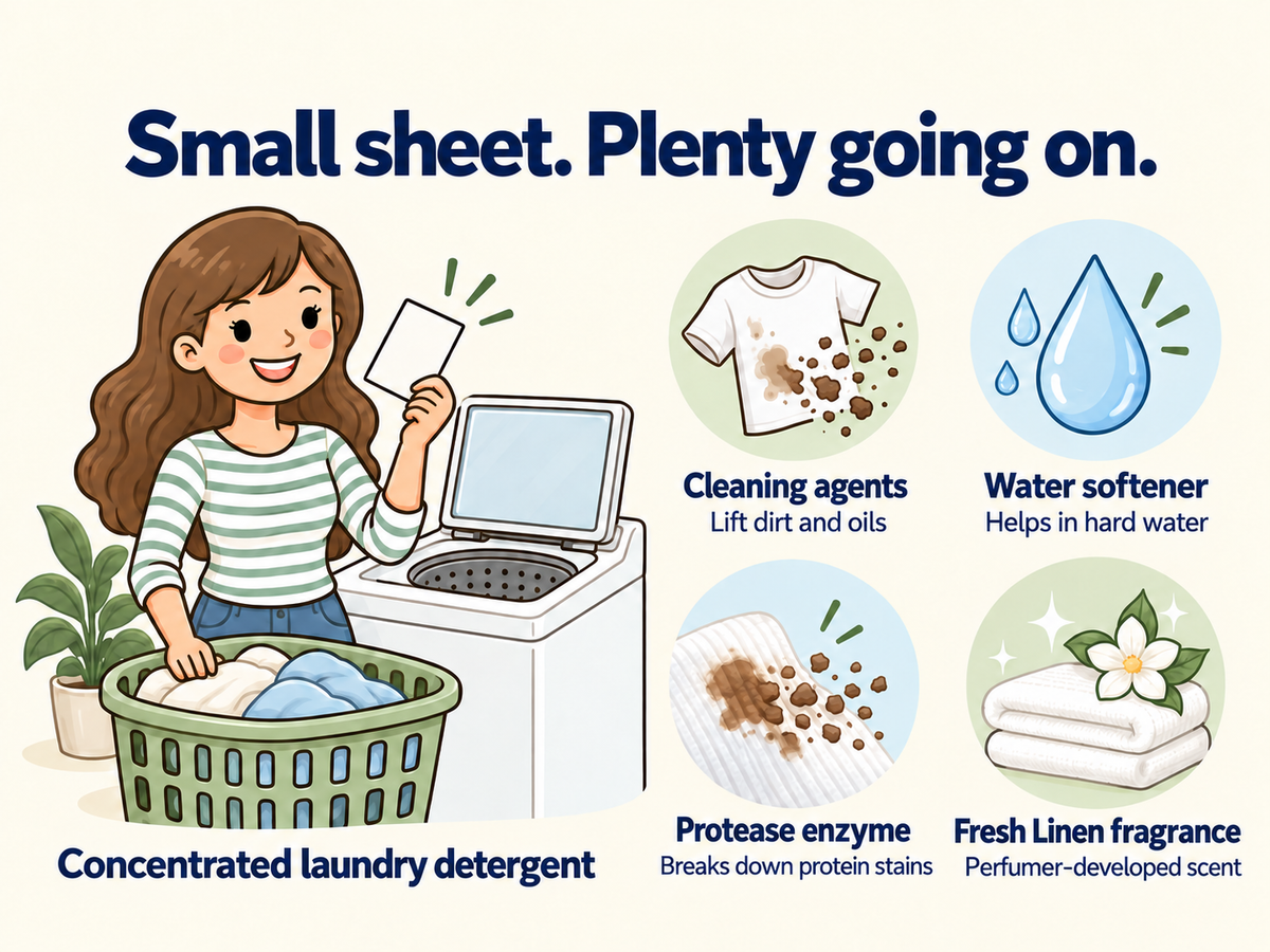 What is inside a Sunday Club laundry detergent sheet: concentrated laundry detergent containing cleaning agents to lift dirt and oils, a water softener to help in hard water, protease enzyme to break down protein stains, and a perfumer-developed Fresh Linen fragrance.
